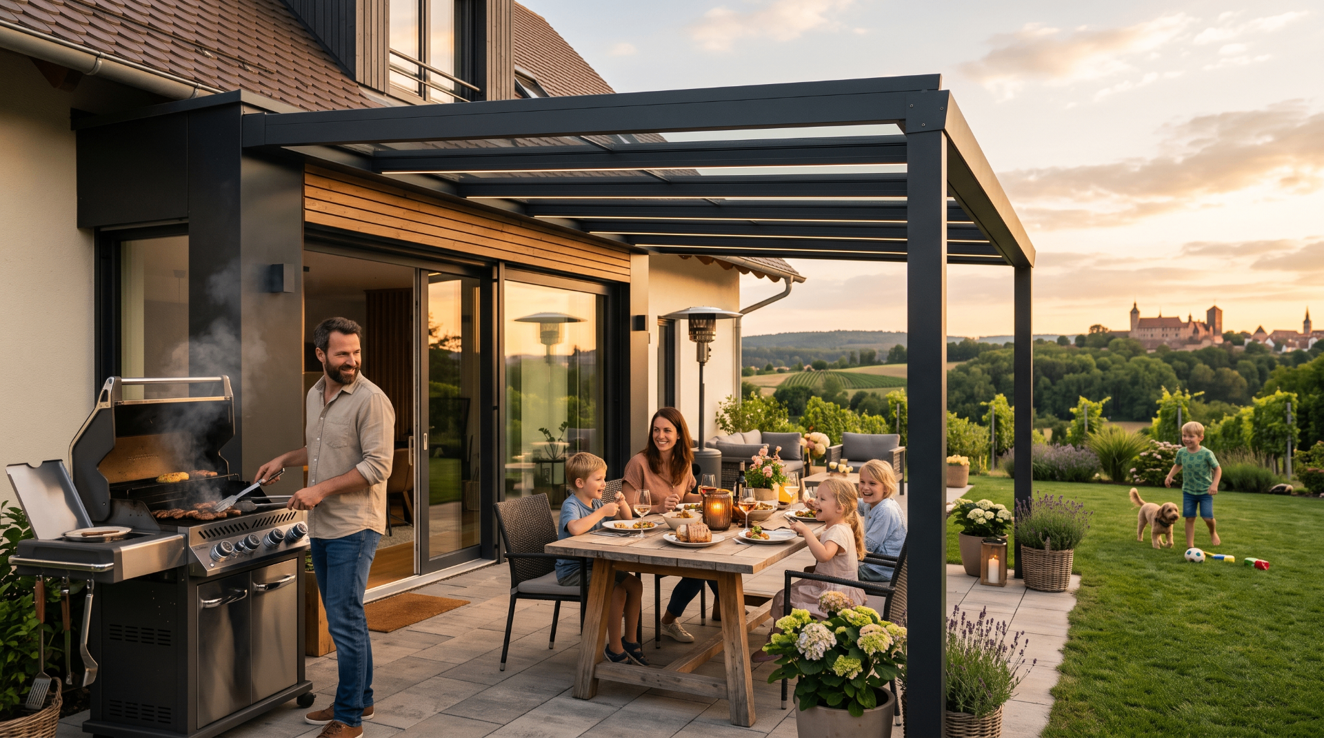 Familie unter Terrassenüberdachung